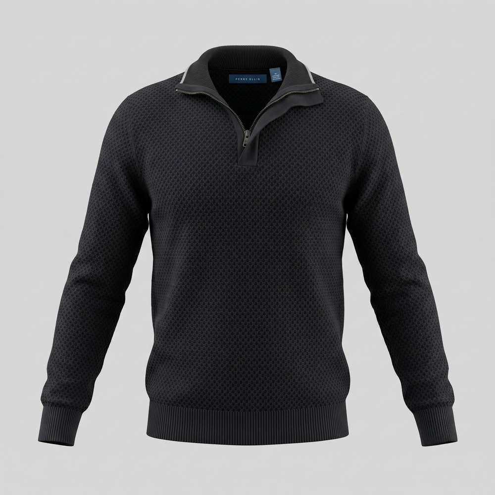 Perry‎ Ellis Mens Medium Navy Blue Sweater 1/4 Zip Waffle Knit Pullover Ribbed